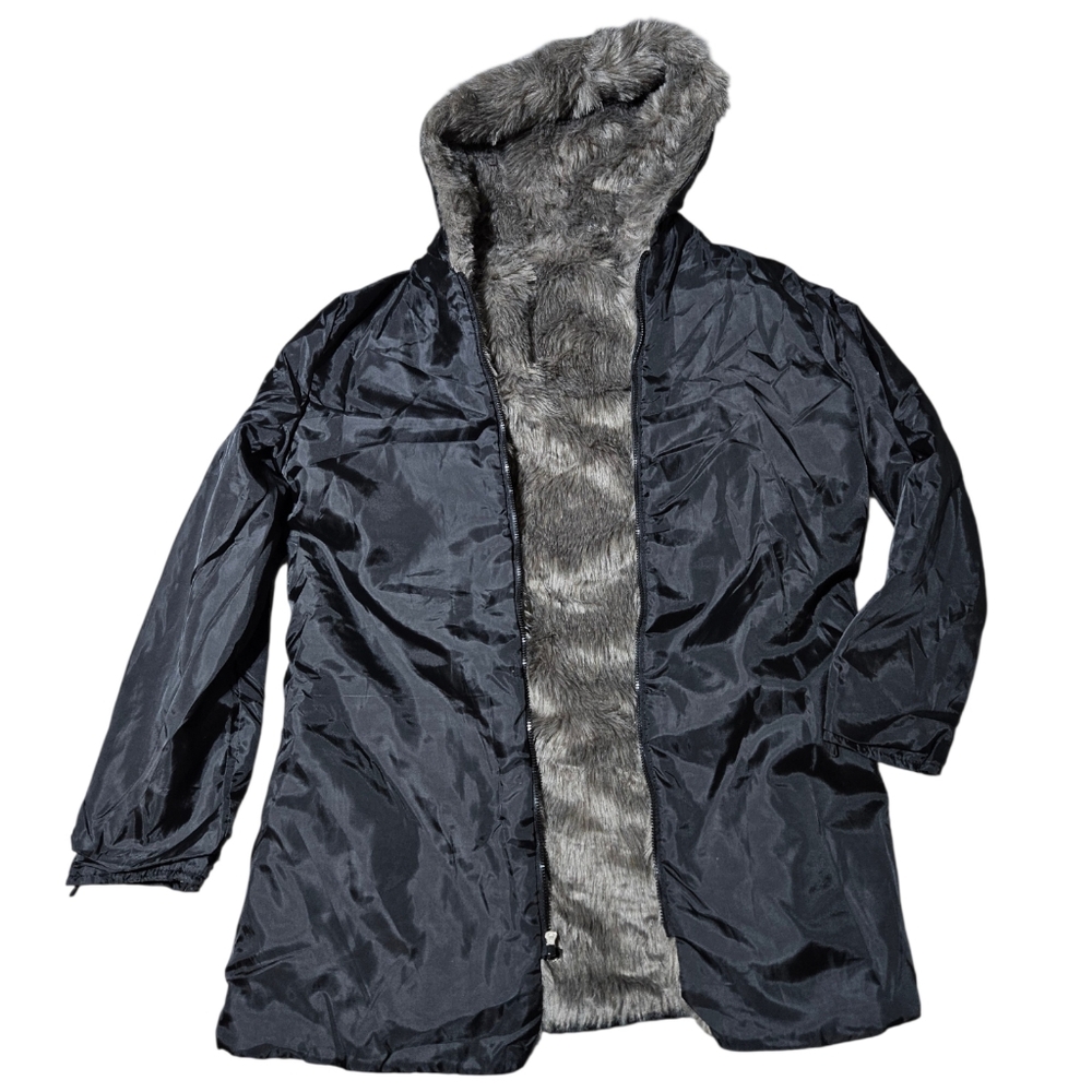 Black Hooded Outerwear Womens L Parka 4 In 1 Removable Liner Reversible Faux Fur - Picture 11 of 14